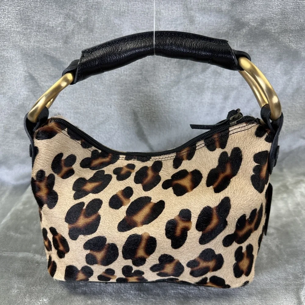 VTG Russell & Bromley Shoulder Bag Pouch Hobo Leopard Print Cowhide Leather Y2K